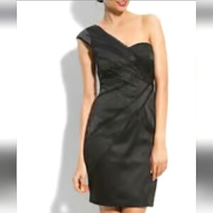 MANOUKIAN Black Satin bodycon paneled one shoulder ruffle dress. Size large